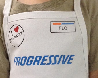 Children's Flo Progressive Insurance Apron, Name Badge + Pin attached WITH or WITHOUT pins! Won't prick or fall off. Flo made in the USA!