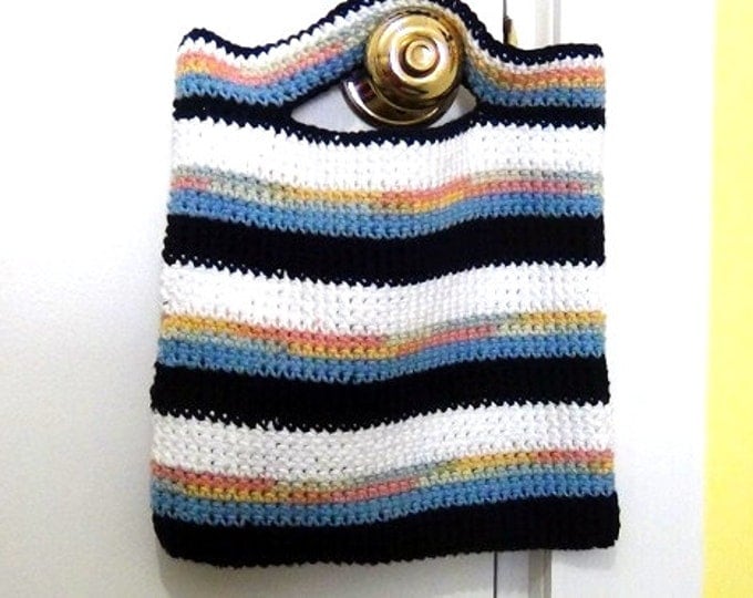 Cotton Tote Bag - 10" w x 11" h Crochet Tote Bag - Blue, White, Variegated Stripe Sac