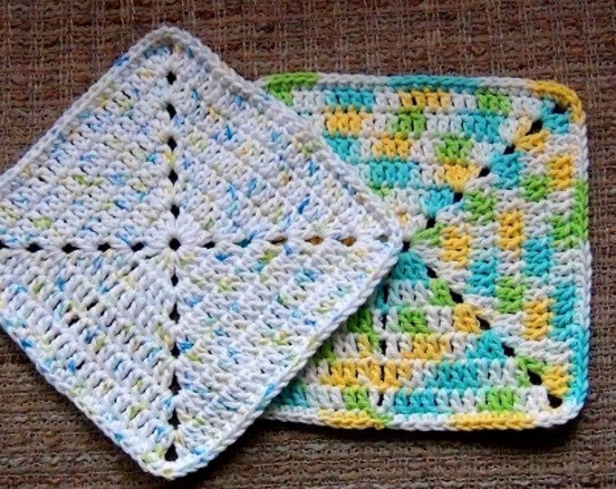 Cotton Dishcloth - Crochet Washcloth - Pure cotton Eco Friendly Cleaning - White Yellow Blue Green Variegated - 8" square