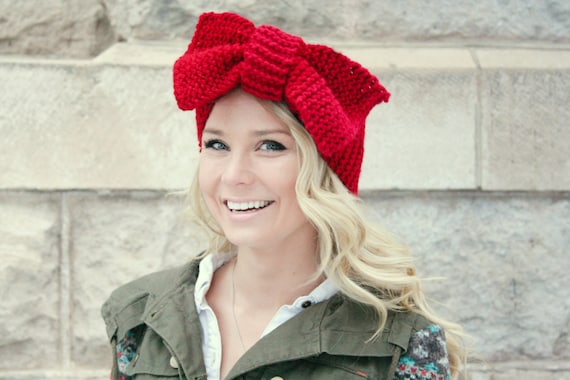 Oversized Bow Headband Ear Warmer Red Head Wrap Garter Stitch Valentine's