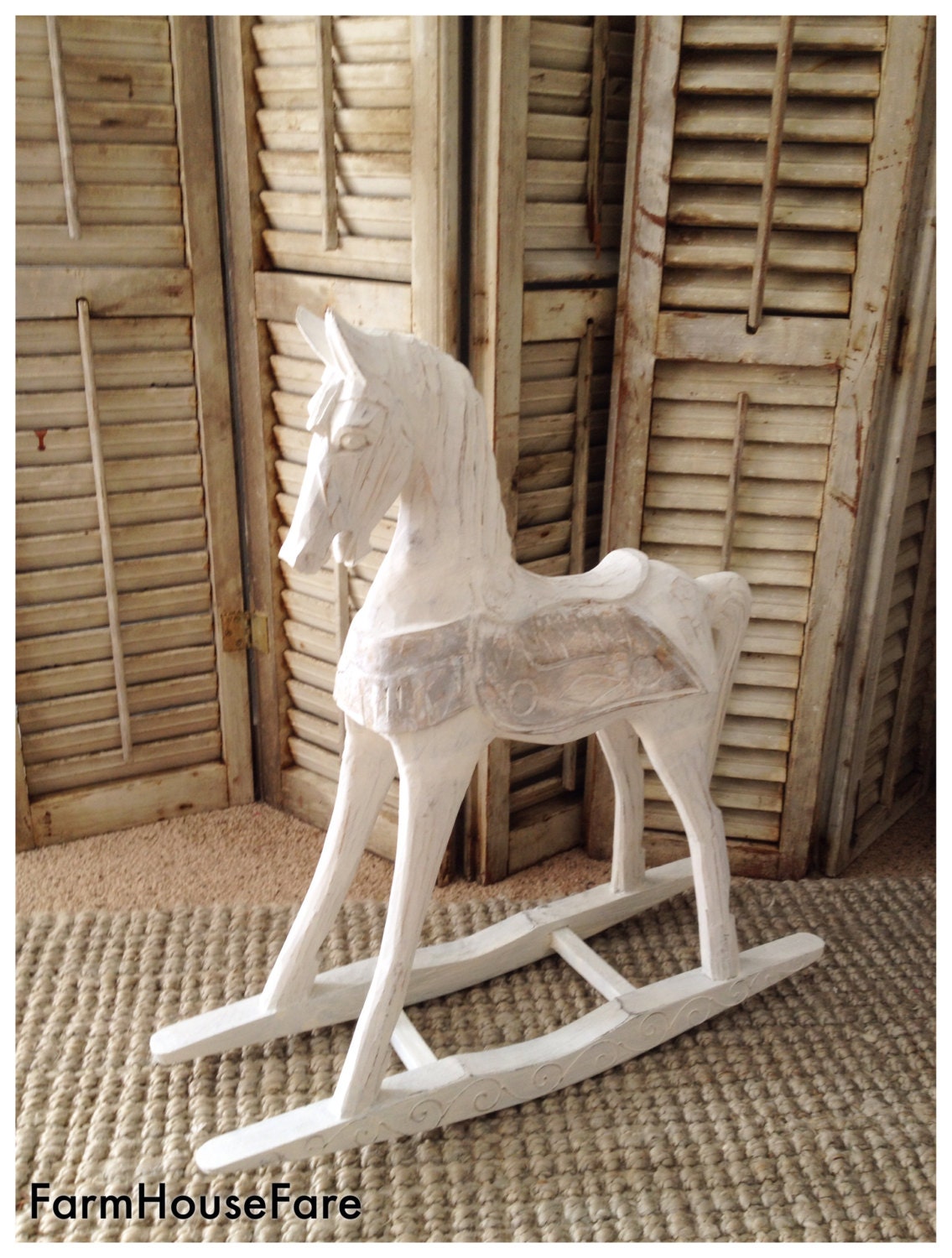 White Wood Vintage Rocking Horse Primative Shabby Cottage