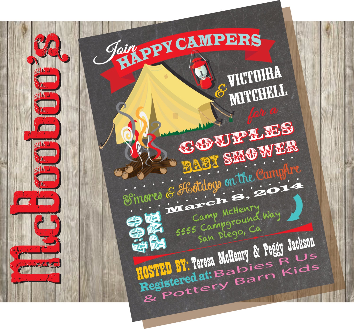 Chalkboard Camping or Clamping Couples Baby Shower Invitations