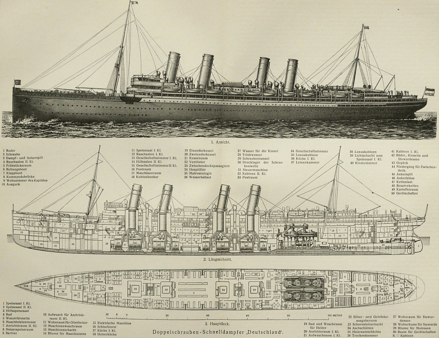 1897 Antique print of an OCEAN LINER ANATOMY. Ships. 117 years
