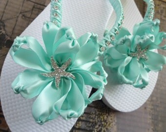 Bridal flip flops - wedding flip flops - beach wedding shoes - AQUA ...