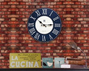 SALE-Wood wall clock- blue-white-grey-mute -vantage-restro chic - roman numeral-wall decor-11.8"-pine-door hanging
