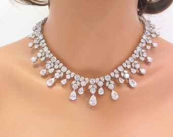 Bridal statement necklace and earrings, Wedding necklace set, Wedding jewelry set, Crystal necklace, Cubic zirconia necklace and earrings