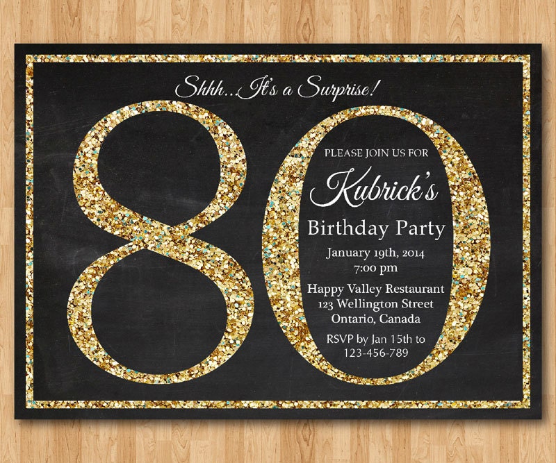 80th birthday invitation. Gold Glitter Birthday Party invite.