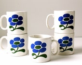 Grindley of England Porcelain Coffee Mug Set of Five, Retro Blue Flower Design, Made in England