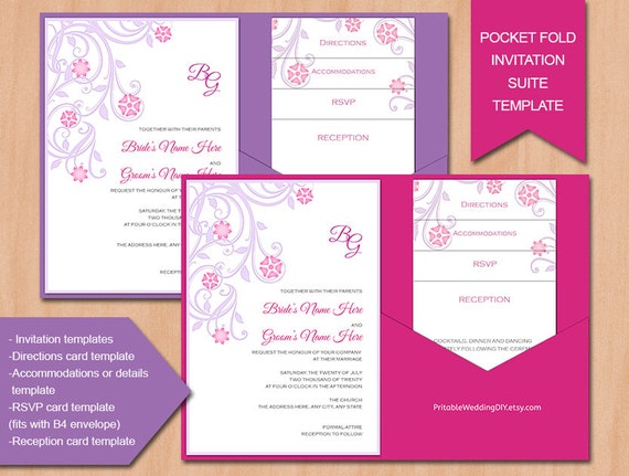 Items similar to Pocket fold wedding invitation template lavender