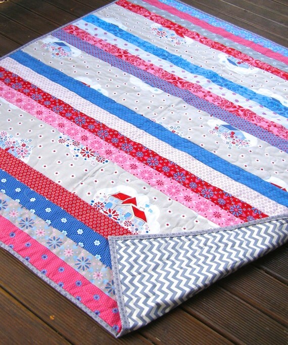 modern stripe baby girl quilt red blue grey by BlackTulipQuilts