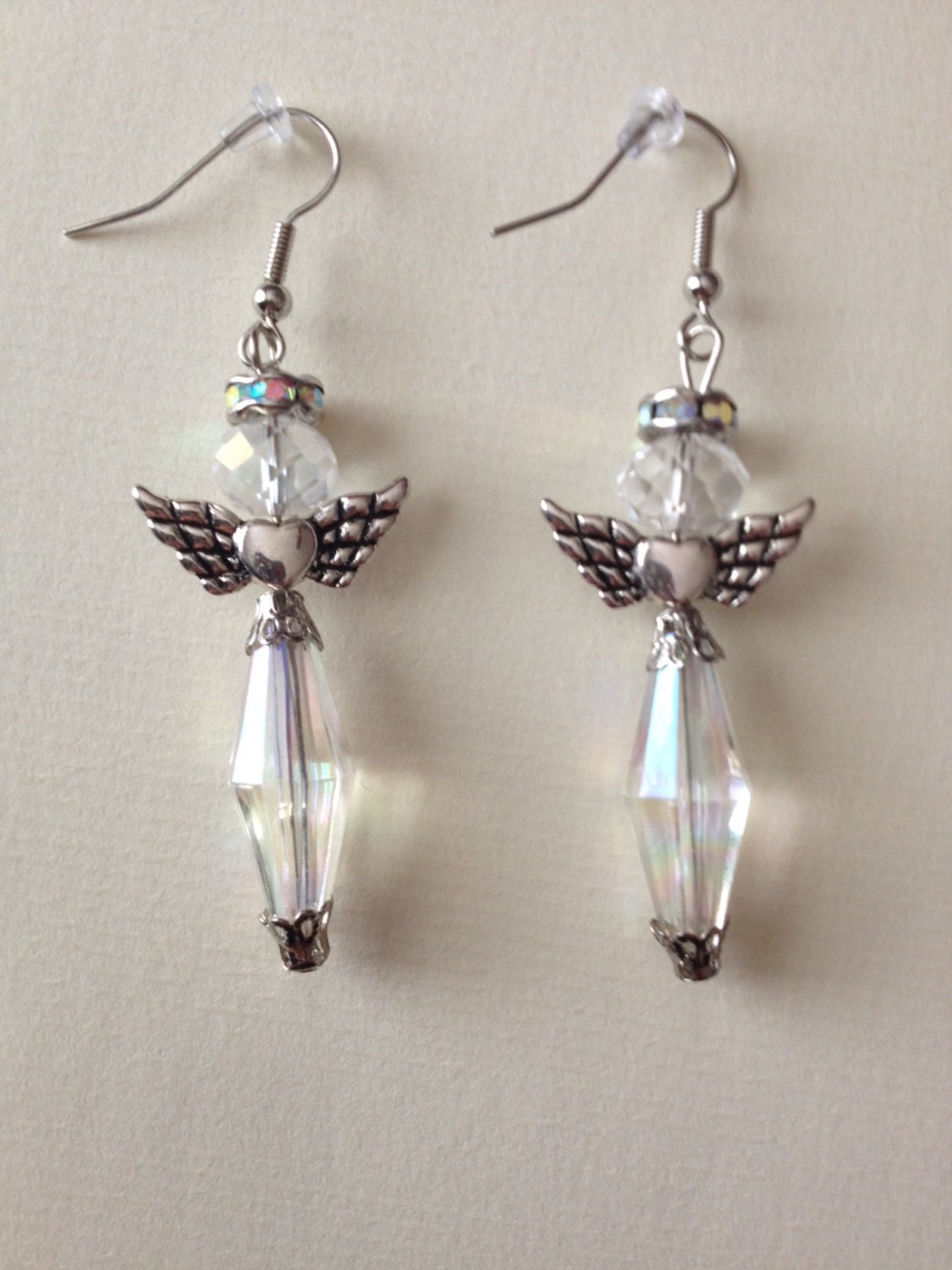 White clear angel dangle earrings