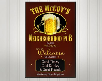 Personalized Neighborhood Bar Sign, Green or Burgundy Man Cave Pub Sign, Custom Beer Sign, Man Cave Bar Decor