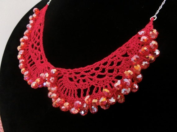 Items similar to Red Crochet Collar Necklace,Beaded Necklace, Red ...