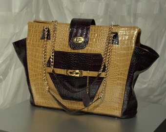 Sac Ã  main cuir or et violet style Croco. Fait main au QuÃ©bec par ...