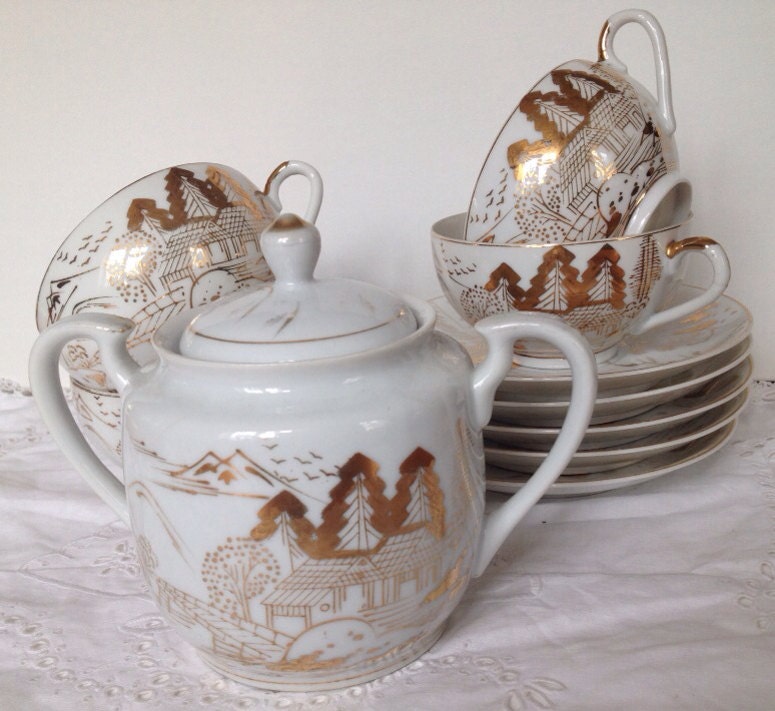 Vintage Kutani China Tea Set for 5 With Lithopane Cup