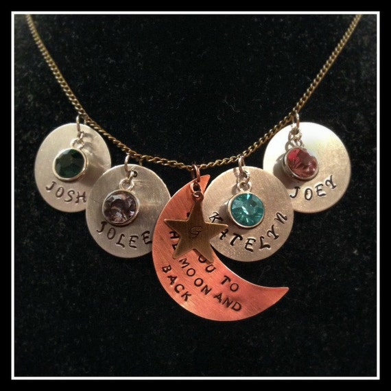 I Love You to the Moon and Back , personalized, mixed metals, mom, hand stamped, gift ideas, Mothers Day gift ideas, gift for her,birthstone