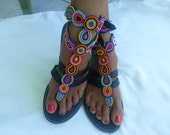 African Colours Beaded Leather Sandals Flip-Flops Shoes -Style No.30 African Colours Beaded Leather Sandals Flip-Flops Shoes -Style No.30