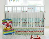 Unisex Chevron Baby Bedding | Aqua, Gray, Red & Green | Aqua Polka Dot Crib Sheet | Jellybean Parade