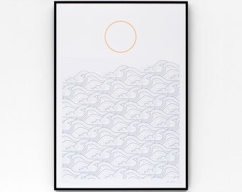 Waves A2 limited edition screen print, hand-printed in metallic blue and orange