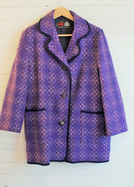 1970s Welsh Tapestry jacket vintage coat. Purple and Blue