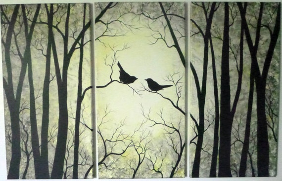 3 Piece set Wall Art Birds on Trees in Yellow and Gray. Three