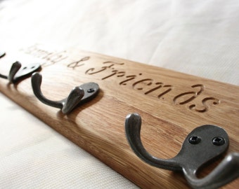SALE - 30% OFF! Personalised/Customised Coat Rack/Hanger, Solid Oak, Handcrafted, Cast Iron Hooks