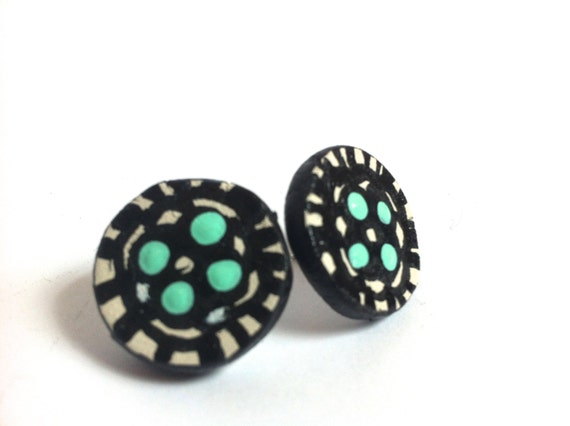 Mint Statement Earrings- Round Geometric Studs, Hippie Jewelry, Tribal Print, Trippy Festival Earrings, Zen Doodle, Deadhead Art Team