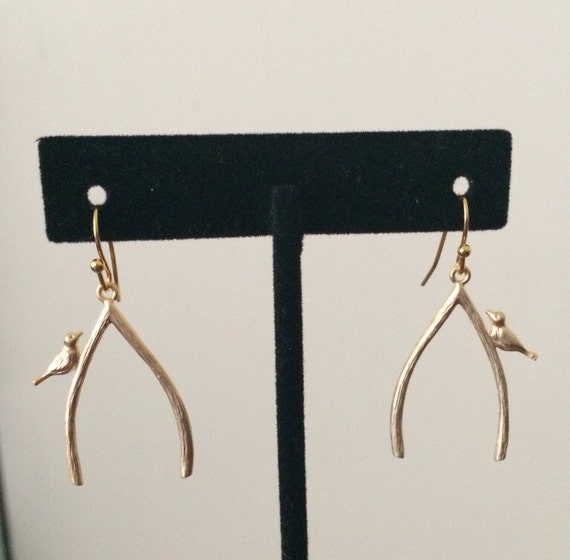 Matte Gold Wishbone Bird Dangle Earrings by GlitterWaffle on Etsy