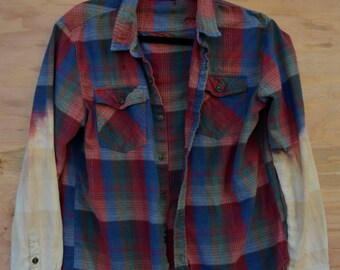Flannel shirt with bleached out arms long sleeve red blue green plaid