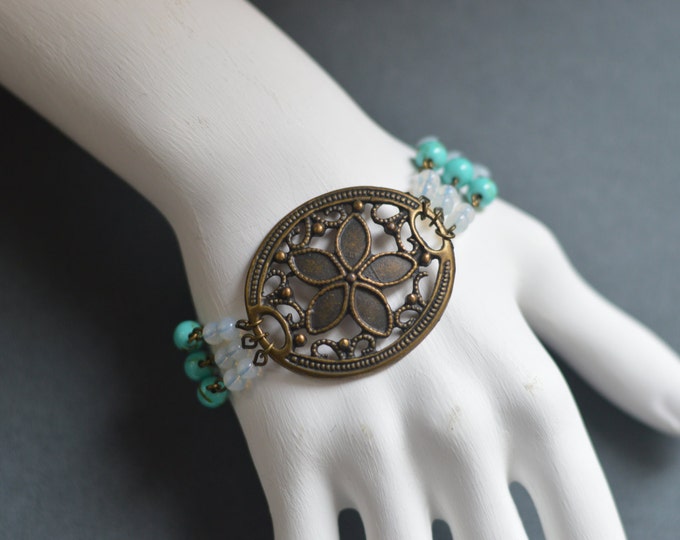 VINTAGE Bracelet metal brass with beads made of natural stones, turquoise and moonstone, Blue, Grey, Rustic