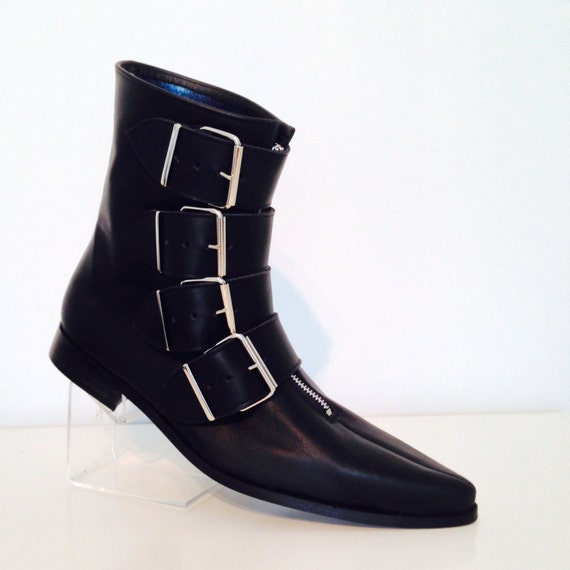 4 Grande Buckle Winklepicker Boots in Black Leather