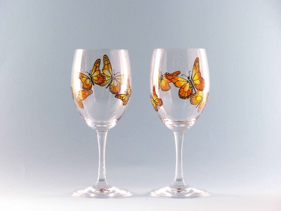 Set Monarch painting how Wine glass wine Two Hand Butterflies Butterfly Glasses of Painted to