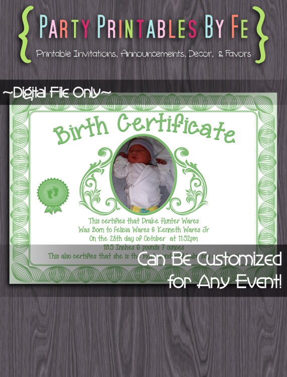 Printable Birth Announcement Green Birth Certificate I74