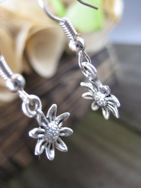 Silver Sunflower Charm Dangle Earrings Pierced by MysticGemz