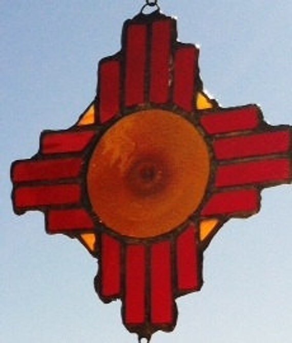 Items similar to Santa Fe Cross Stained Glass Zia Sun Symbol