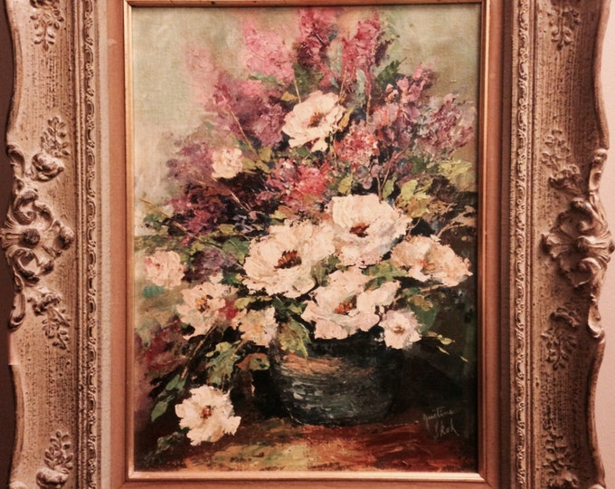 Storewide 25% Off SALE Antique Original Floral Centerpiece Fine Art Signed Painting By "Skor" Featuring French Provincial Inspired Frame