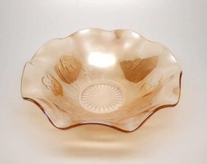 Storewide 25% Off SALE 12" Vintage Jeannette Glass, Iris and Herringbone Ruffled Bowl in Marigold (Yellow/Orange) Color & Design