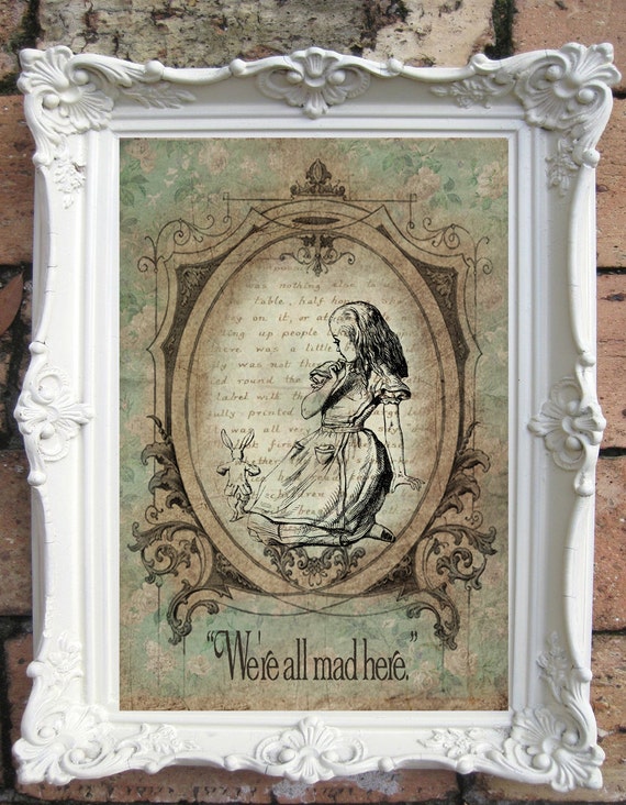 ALICE in Wonderland Art Print. Shabby Chic Decor. Vintage