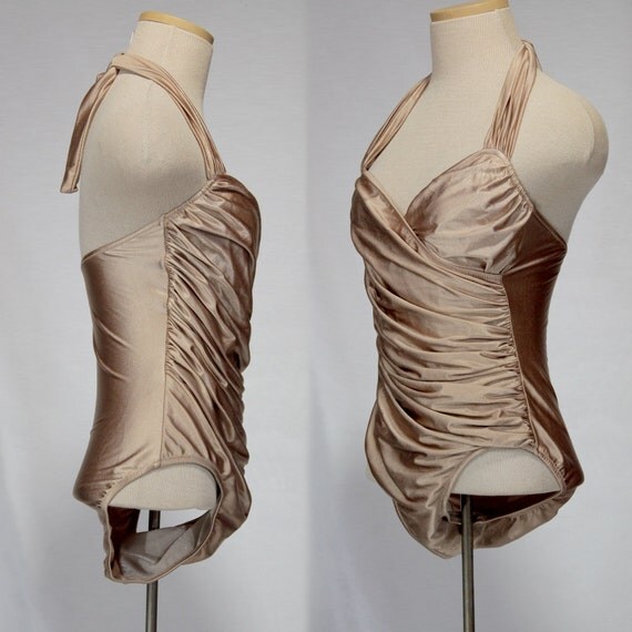 One Piece Gold Swimsuit Ruched Gold Leotard Metallic 50s