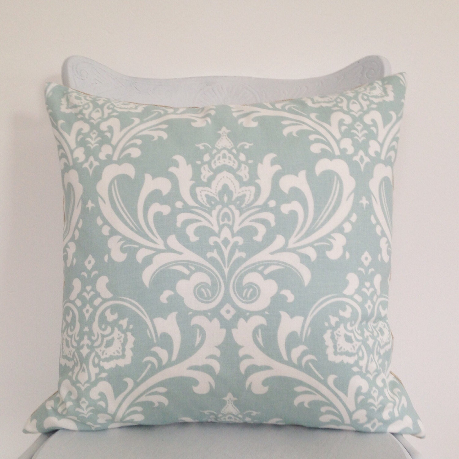 Duck egg blue damask cushion cover natural flax linen