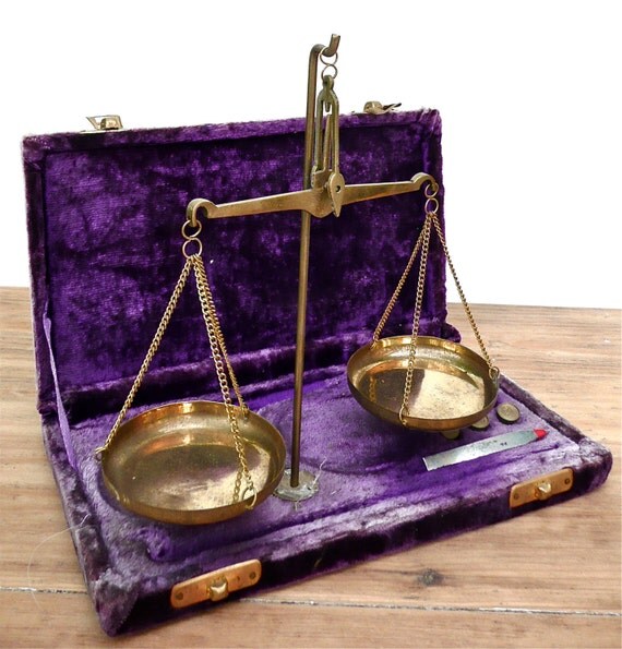 Vintage brass gold weighing scales in original purple velvet