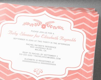 coral chevron baby shower invites