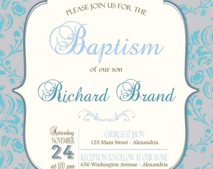 Baptism Invitation. Grey & blue for boys, pink tones for girls. Printable.