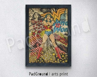 Wonder Woman Poster, Superhero Art Print, DC Comics, Burlap Print, Home Wall Decor, Gifts, Natural Linen Print Art with Frame -SP24