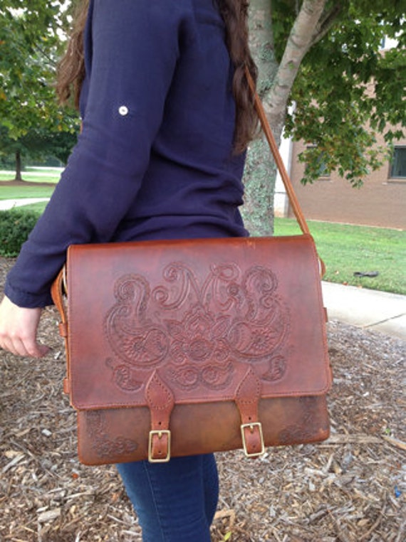 hand tooled leather messenger bag