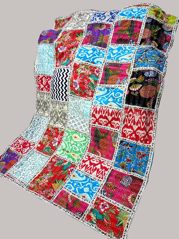 40 Blocks Twin Handmade Kantha Quilt Indian Patchwork Kantha Quilt Bedspread Blanket Kantha