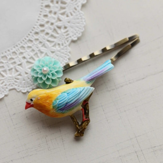 FMJ Creation: funny and cute. bird and flower bobbi pin. 