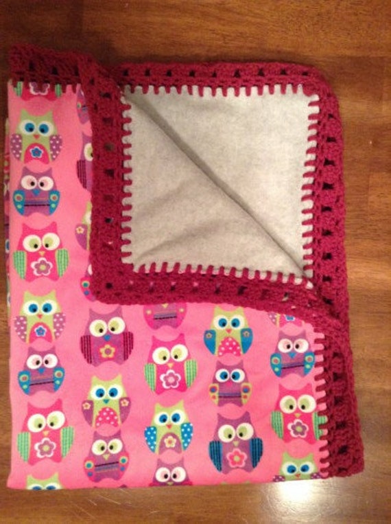Pink fleece owl blanket with crochet border by TJRoseCrochet