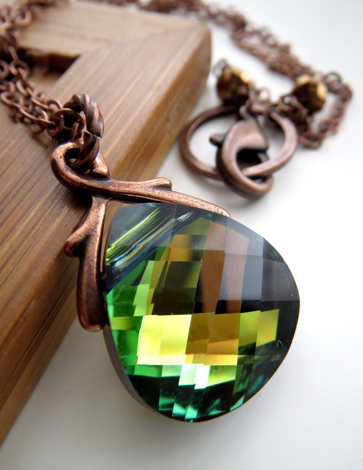 SALE Autumn Foliage Crystal Necklace Olive Green Rust Amber