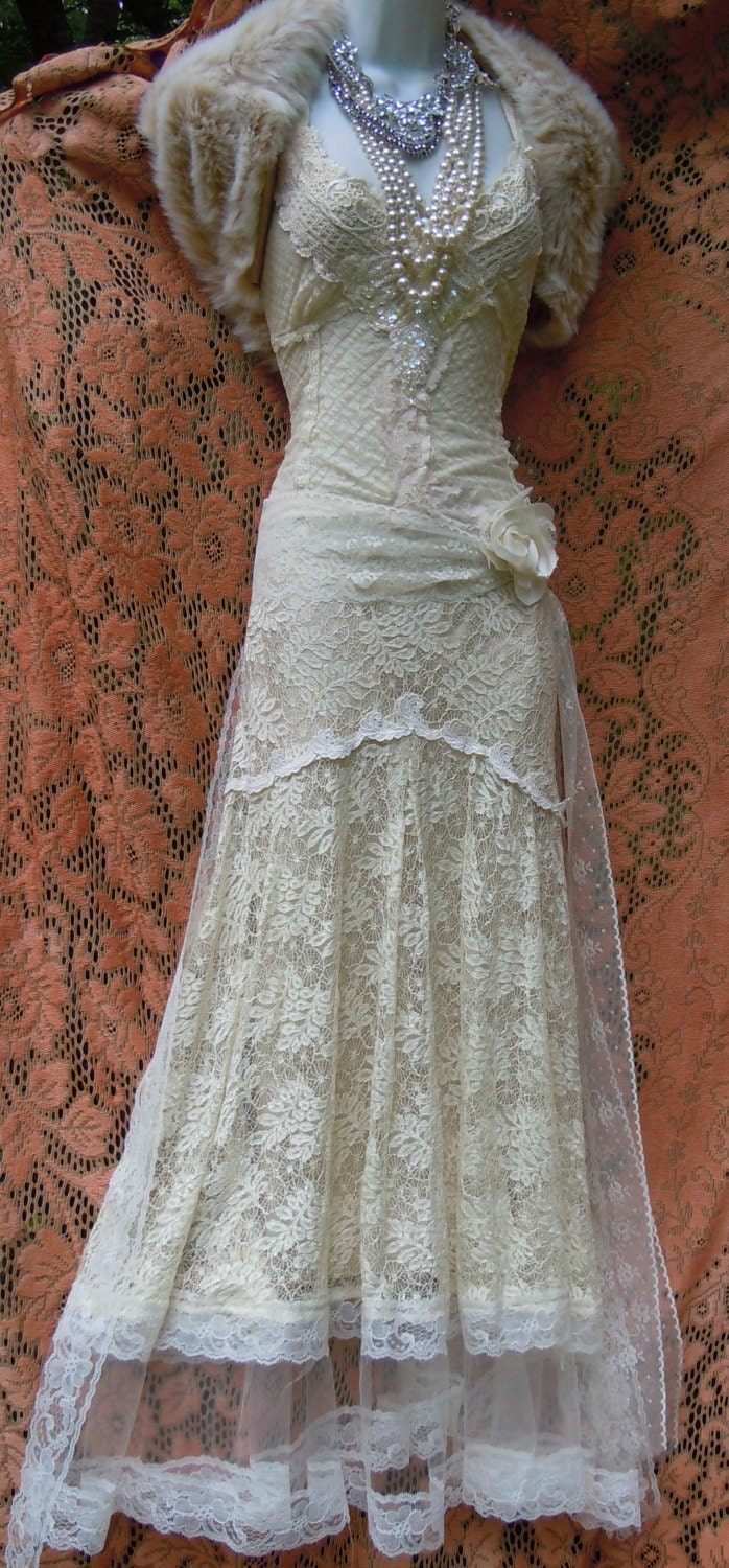 Flapper wedding dress cream vintage lace tulle bride boho